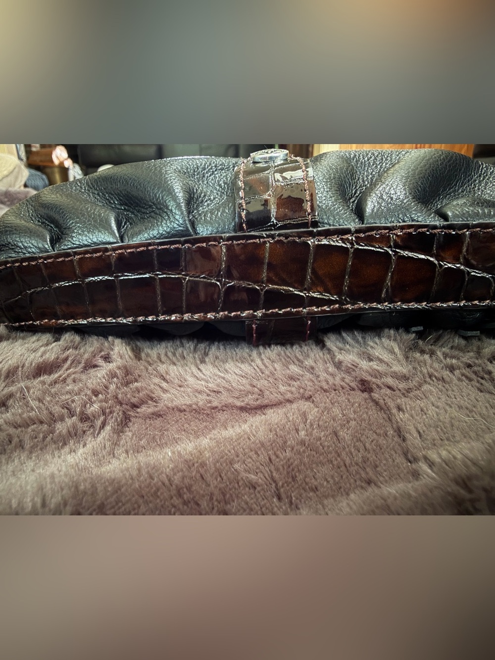 Brighton Glossy Croc-Embossed Brown Crossbody Bag with Tassel - Picture 6 of 8